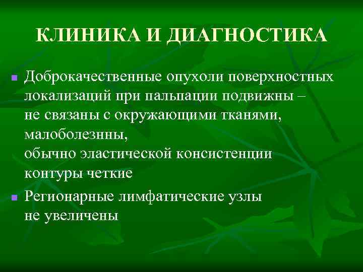 КЛИНИКА И ДИАГНОСТИКА n n Доброкачественные опухоли поверхностных локализаций при пальпации подвижны – не