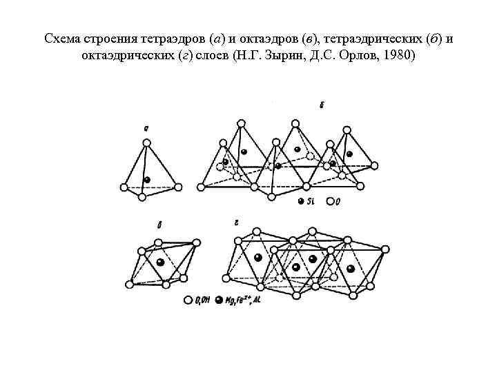 Схема строения тетраэдров (а) и октаэдров (в), тетраэдрических (б) и октаэдрических (г) слоев (Н.