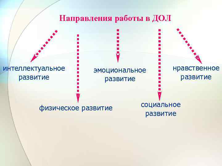 Направления работы в ДОЛ интеллектуальное развитие эмоциональное развитие физическое развитие нравственное развитие социальное развитие