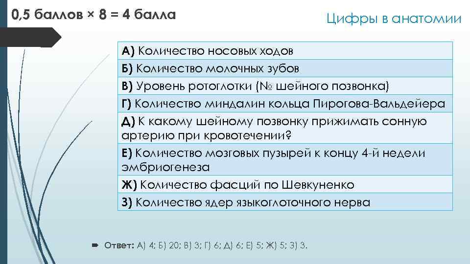 0, 5 баллов × 8 = 4 балла Цифры в анатомии А) Количество носовых