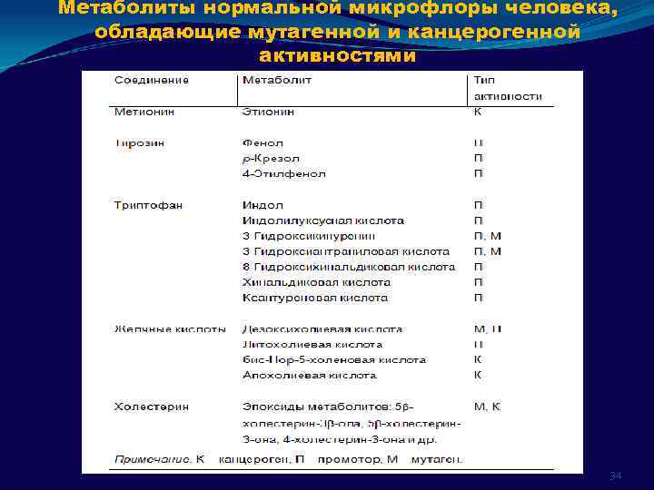 Метаболиты нормальной микрофлоры человека, обладающие мутагенной и канцерогенной активностями 34 
