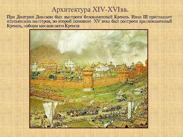 Архитектура XIV-XVIвв. При Дмитрии Донском был выстроен белокаменный Кремль. Иван III приглашает итальянских мастеров,