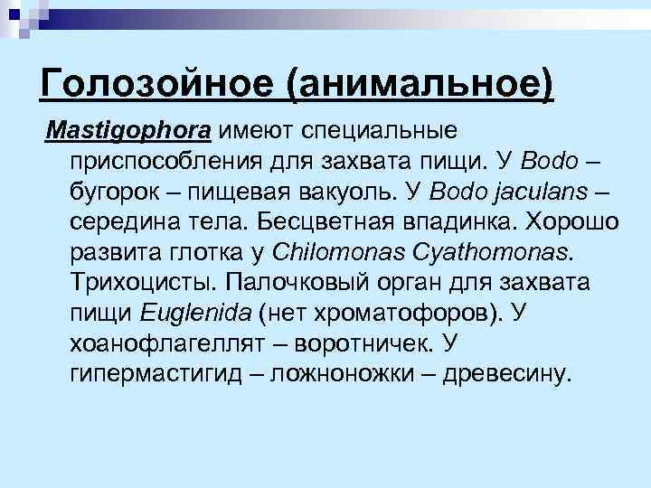 Голозойное (анимальное) Mastigophora имеют специальные приспособления для захвата пищи. У Bodo – бугорок –