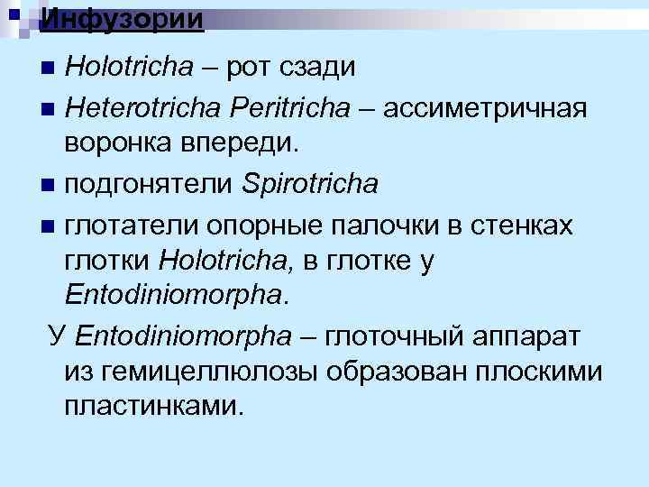 Инфузории Holotricha – рот сзади n Heterotricha Peritricha – ассиметричная воронка впереди. n подгонятели