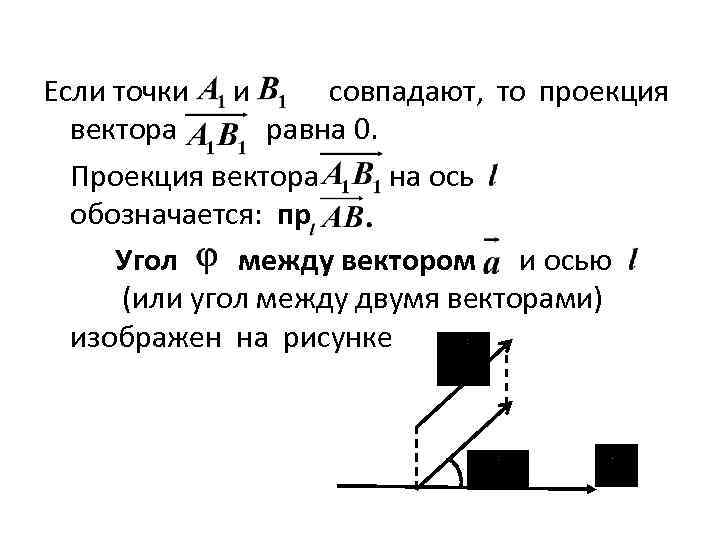Если точки и совпадают, то проекция вектора равна 0. Проекция вектора на ось обозначается: