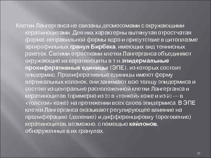 Клетки Лангерганса не связаны десмосомами с окружающими кератиноцитами. Для них характерны вытянутая отростчатая форма,