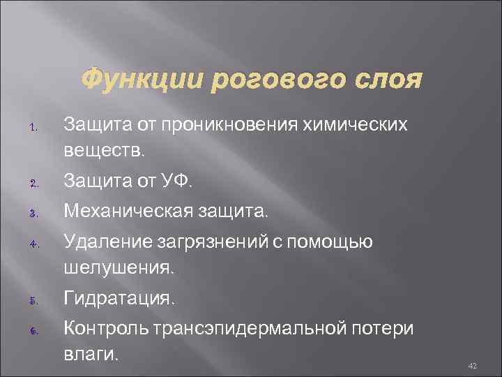 Функции рогового слоя 1. Защита от проникновения химических веществ. 2. Защита от УФ. 3.