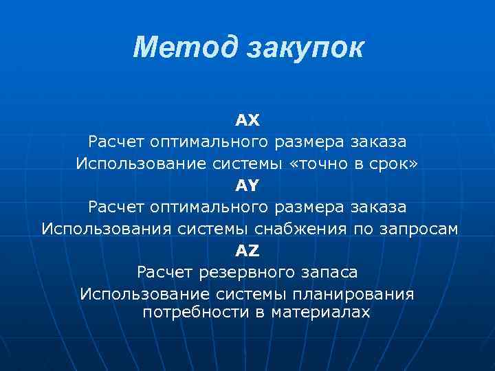 Метод закупок AX Расчет оптимального размера заказа Использование системы «точно в срок» AY Расчет