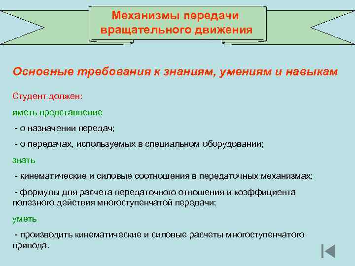 Механизмы передачи вращательного движения Основные требования к знаниям, умениям и навыкам Студент должен: иметь