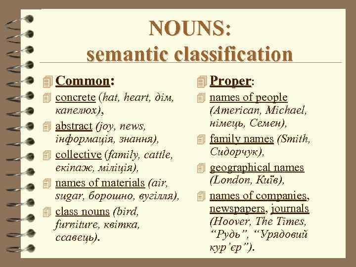 NOUNS: semantic classification 4 Common: 4 Proper: 4 concrete (hat, heart, дім, 4 names