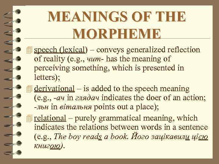 MEANINGS OF THE MORPHEME 4 speech (lexical) – conveys generalized reflection of reality (e.