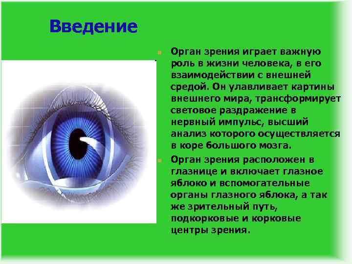 Введение n n Орган зрения играет важную роль в жизни человека, в его взаимодействии