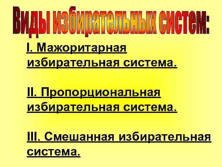 I. Мажоритарная избирательная система. II. Пропорциональная избирательная система. III. Смешанная избирательная система. 