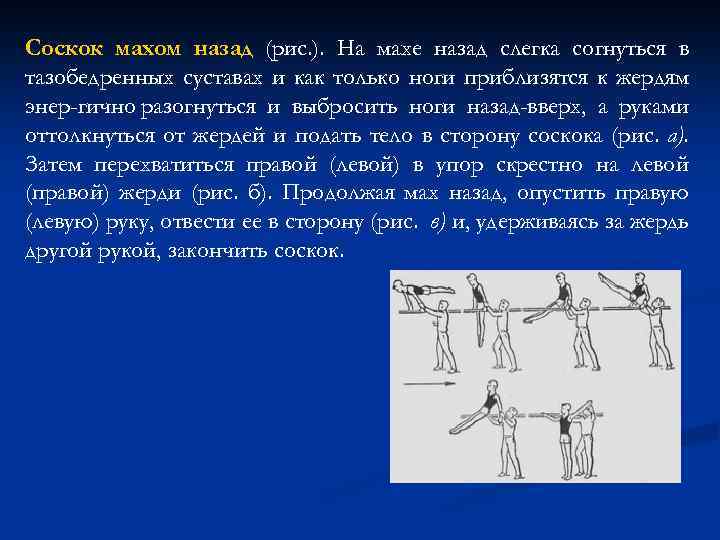 Соскок махом назад (рис. ). На махе назад слегка согнуться в тазобедренных суставах и