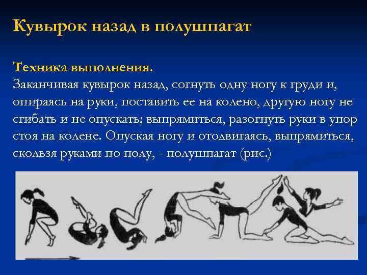 Кувырок назад в полушпагат Техника выполнения. Заканчивая кувырок назад, согнуть одну ногу к груди