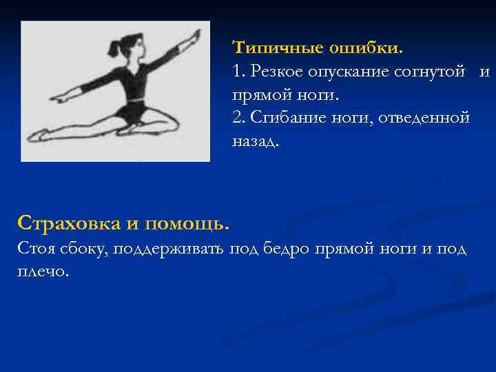 Типичные ошибки. 1. Резкое опускание согнутой и прямой ноги. 2. Сгибание ноги, отведенной назад.