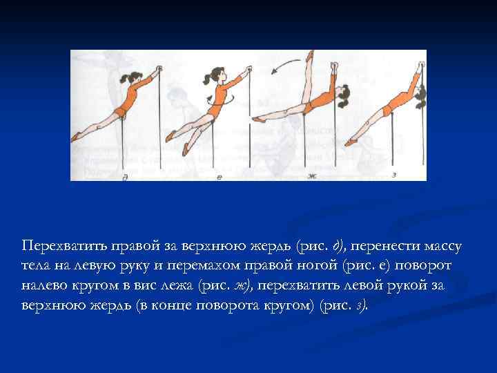 Перехватить правой за верхнюю жердь (рис. д), перенести массу тела на левую руку и