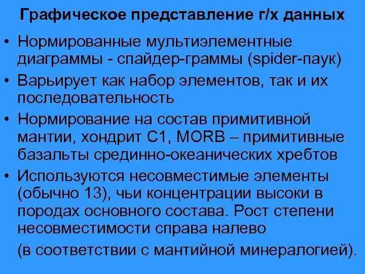 Графическое представление г/х данных • Нормированные мультиэлементные диаграммы - спайдер-граммы (spider-паук) • Варьирует как