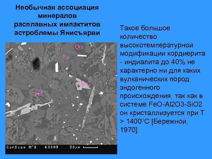 Необычная ассоциация минералов расплавных импактитов астроблемы Янисъярви Qtz Fs Opx Ind Такое большое количество