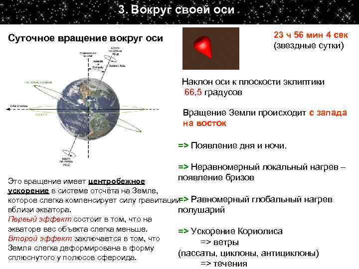 3. Вокруг своей оси 23 ч 56 мин 4 сек (звездные сутки) Суточное вращение