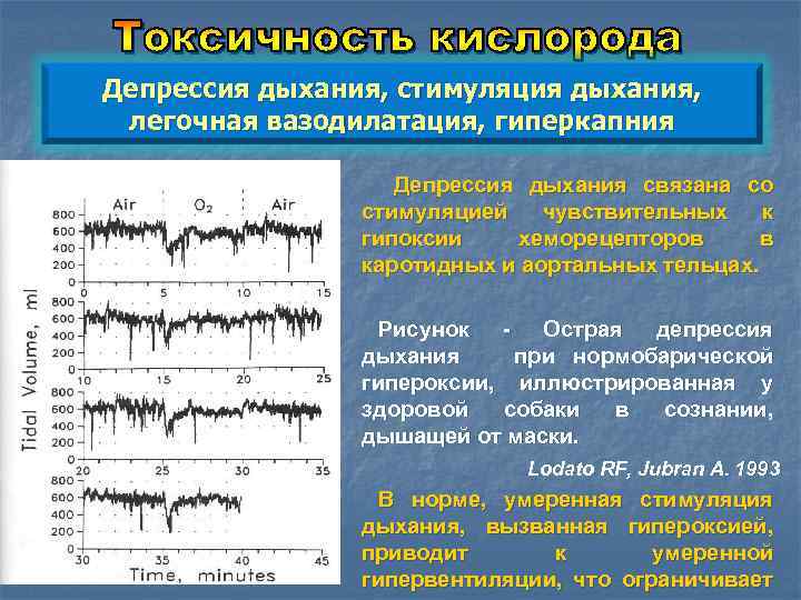 Депрессия дыхания, стимуляция дыхания, легочная вазодилатация, гиперкапния Депрессия дыхания связана со стимуляцией чувствительных к