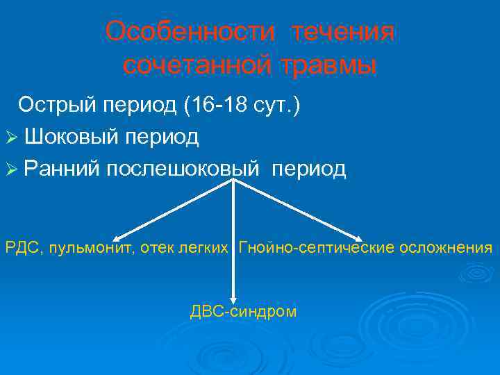 Особенности течения сочетанной травмы Острый период (16 -18 сут. ) Ø Шоковый период Ø