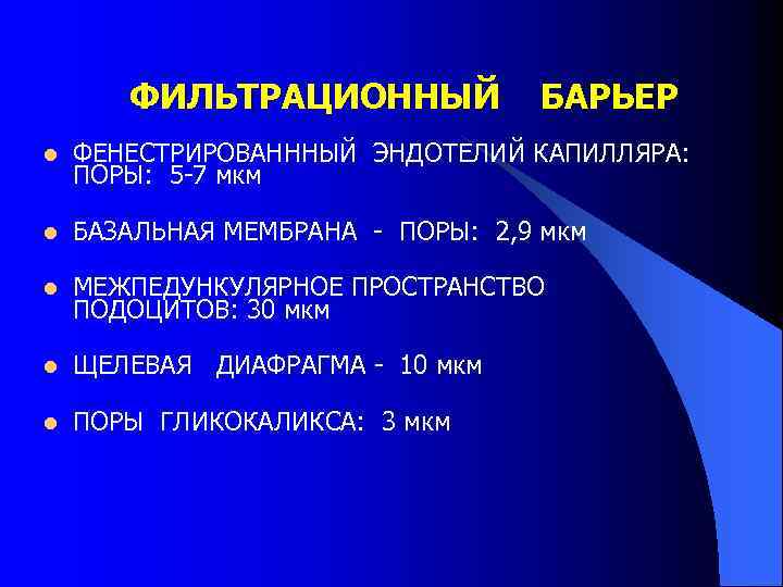 ФИЛЬТРАЦИОННЫЙ БАРЬЕР l ФЕНЕСТРИРОВАНННЫЙ ЭНДОТЕЛИЙ КАПИЛЛЯРА: ПОРЫ: 5 -7 мкм l БАЗАЛЬНАЯ МЕМБРАНА -