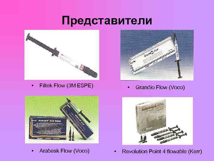  Представители • Filtek Flow (3 M ESPE) • Grandio Flow (Voco) • Arabesk
