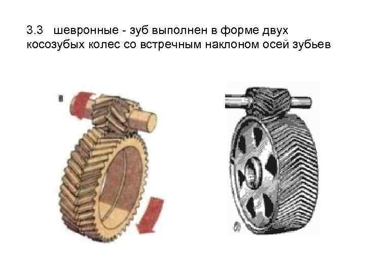 3. 3 шевронные - зуб выполнен в форме двух косозубых колес со встречным наклоном