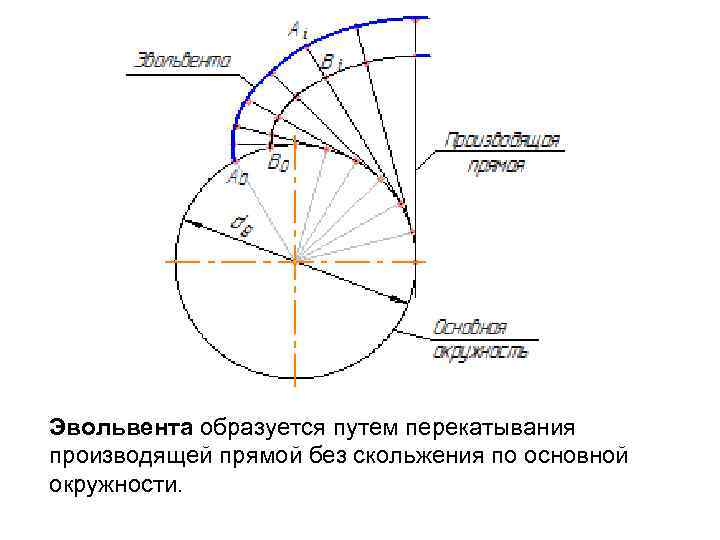 Эвольвента образуется путем перекатывания производящей прямой без скольжения по основной окружности. 