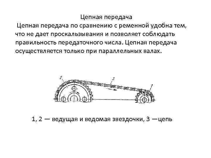 Цепная передача по сравнению с ременной удобна тем, что не дает проскальзывания и позволяет