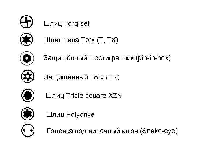 Шлиц Torq-set Шлиц типа Torx (T, TX) Защищённый шестигранник (pin-in-hex) Защищённый Torx (TR) Шлиц