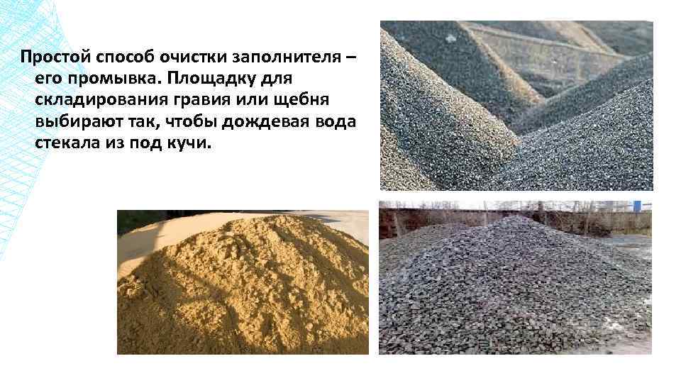 Простой способ очистки заполнителя – его промывка. Площадку для складирования гравия или щебня выбирают