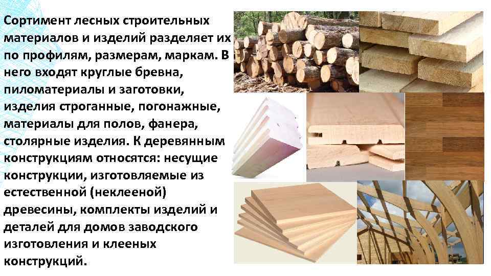 Сортимент лесных строительных материалов и изделий разделяет их по профилям, размерам, маркам. В него
