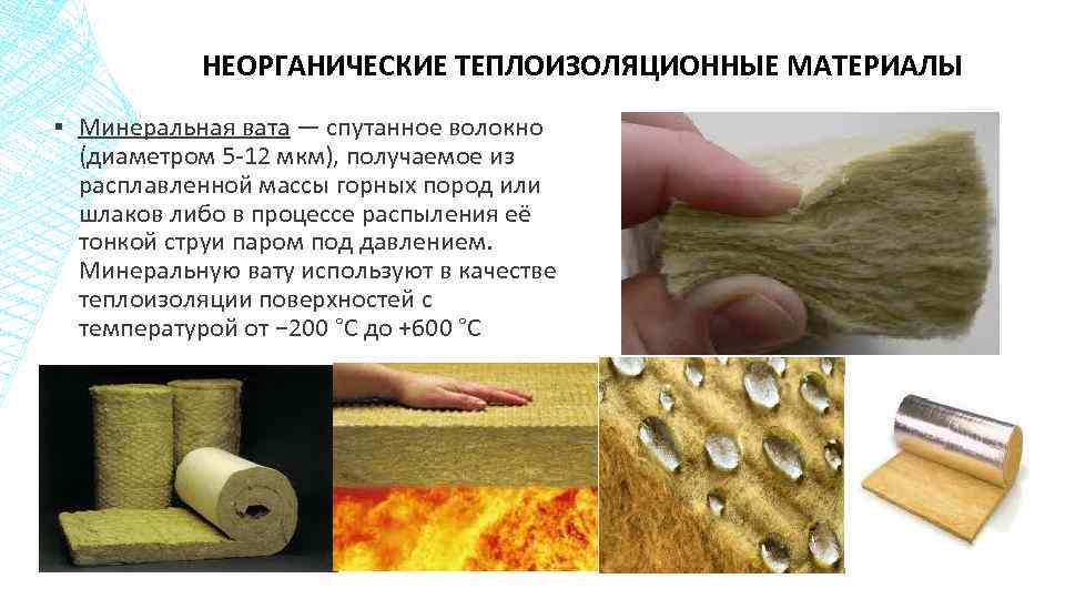 НЕОРГАНИЧЕСКИЕ ТЕПЛОИЗОЛЯЦИОННЫЕ МАТЕРИАЛЫ ▪ Минеральная вата — спутанное волокно (диаметром 5 -12 мкм), получаемое