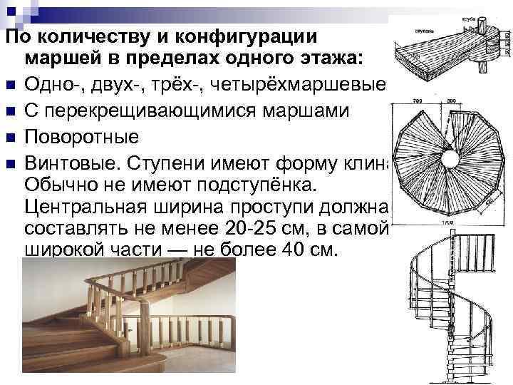 По количеству и конфигурации маршей в пределах одного этажа: n Одно-, двух-, трёх-, четырёхмаршевые
