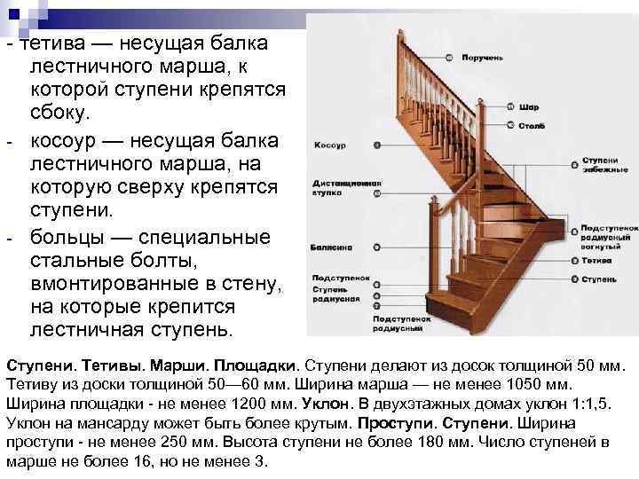 - тетива — несущая балка лестничного марша, к которой ступени крепятся сбоку. - косоур