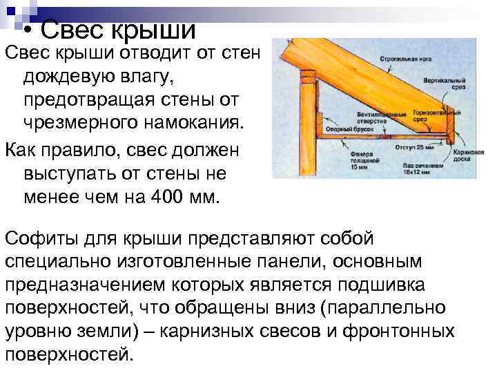 • Свес крыши отводит от стен дождевую влагу, предотвращая стены от чрезмерного намокания. • Свес крыши отводит от стен дождевую влагу, предотвращая стены от чрезмерного намокания.
