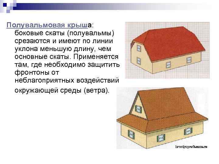 Полувальмовая крыша: боковые скаты (полувальмы) срезаются и имеют по линии уклона меньшую длину, чем Полувальмовая крыша: боковые скаты (полувальмы) срезаются и имеют по линии уклона меньшую длину, чем