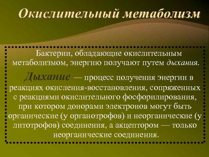 Окислительный метаболизм Бактерии, обладающие окислительным метаболизмом, энергию получают путем дыхания. Дыхание — процесс получения
