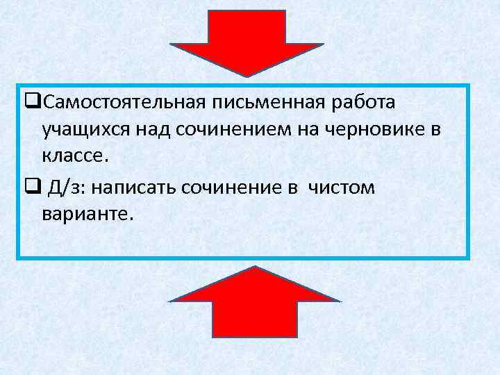 q. Самостоятельная письменная работа учащихся над сочинением на черновике в классе. q Д/з: написать