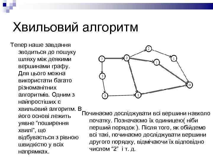Хвильовий алгоритм Тепер наше завдання зводиться до пошуку шляху між деякими вершинами графу. Для