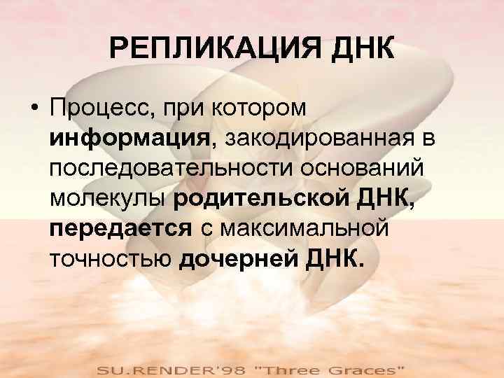 РЕПЛИКАЦИЯ ДНК • Процесс, при котором информация, закодированная в последовательности оснований молекулы родительской ДНК,