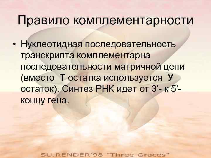Правило комплементарности • Нуклеотидная последовательность транскрипта комплементарна последовательности матричной цепи (вместо Т остатка используется
