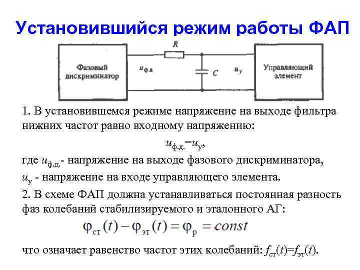 Установившийся режим работы ФАП 1. В установившемся режиме напряжение на выходе фильтра нижних частот