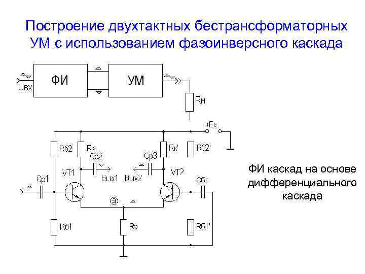 Построение двухтактных бестрансформаторных УМ с использованием фазоинверсного каскада ФИ каскад на основе дифференциального каскада