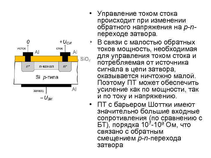  • Управление током стока происходит при изменении обратного напряжения на p-n- переходе затвора.