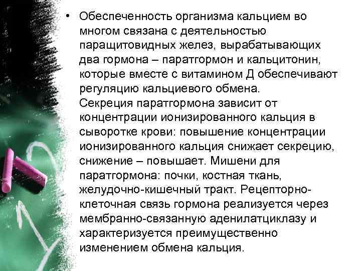  • Обеспеченность организма кальцием во многом связана с деятельностью паращитовидных желез, вырабатывающих два