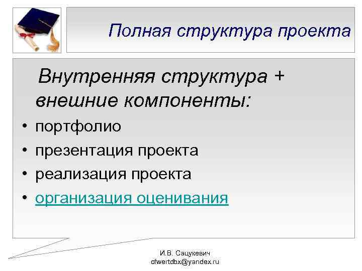 Полная структура проекта Внутренняя структура + внешние компоненты: • • портфолио презентация проекта реализация