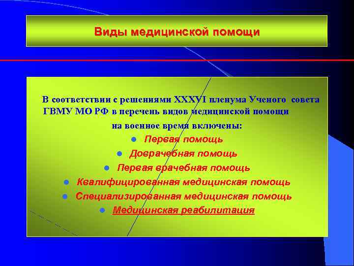 Виды медицинской помощи В соответствии с решениями XXXVI пленума Ученого совета ГВМУ МО РФ